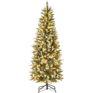 imageGoplus 6 FT PreLit Artificial Christmas Tree Hinged Xmas Tree with 270 Warm White LED Lights 8 Modes 806 Branch Tips Pine Cones Berries Metal Stand Home Office Holiday DecorationPencil Tree6ft