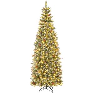 imageGoplus 6 FT PreLit Artificial Christmas Tree Hinged Xmas Tree with 270 Warm White LED Lights 8 Modes 806 Branch Tips Pine Cones Berries Metal Stand Home Office Holiday DecorationPencil Tree7ft