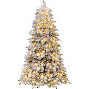 imageGoplus 6 FT PreLit Snow Flocked Christmas Tree Artificial Hinged Xmas Tree with 616 Mixed Branch Tips 260 Warm White LED ampamp 130 Globe Lights 8 Modes Metal Stand Home Office Holiday DecorationSnowy
