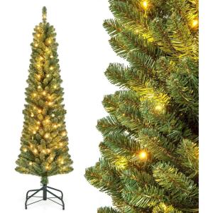 imageGoplus 6ft PreLit Pencil Christmas Tree Artificial Slim Xmas Tree with 180 WarmWhite LED Lights 390 Branch Tips Foldable Metal Stand for Home Office Indoor Holiday DecorGreenprelit Upgraded