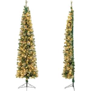 imageGoplus 7 FT Half Snow Flocked Christmas Tree PreLit Artificial Hinged Xmas Tree with 852 PE ampamp PVC Branch Tips 240 Warm White ampamp Multicolored LED Lights 9 Modes Remote Home Holiday Decoration7 FT with Pine Needles
