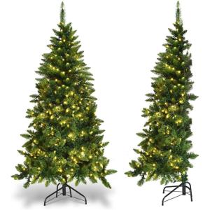 imageGoplus 7 FT Half Snow Flocked Christmas Tree PreLit Artificial Hinged Xmas Tree with 852 PE ampamp PVC Branch Tips 240 Warm White ampamp Multicolored LED Lights 9 Modes Remote Home Holiday Decoration5 FT