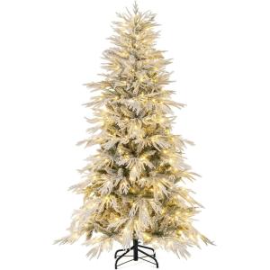 imageGoplus 7 FT PreLit Snow Flocked Christmas Tree Artificial Hinged Xmas Tree with 820 PE ampamp PVC Mixed Branch Tips 340 Warm White LED Lights Foldable Metal Base Home Office DecorationSnowy