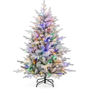 imageGoplus 7 FT PreLit Snow Flocked Christmas Tree Artificial Hinged Xmas Tree with 820 PE ampamp PVC Mixed Branch Tips 340 Warm White LED Lights Foldable Metal Base Home Office DecorationMulticolored