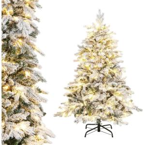 imageGoplus 7 FT PreLit Snow Flocked Christmas Tree Artificial Hinged Xmas Tree with 820 PE ampamp PVC Mixed Branch Tips 340 Warm White LED Lights Foldable Metal Base Home Office DecorationWarm White