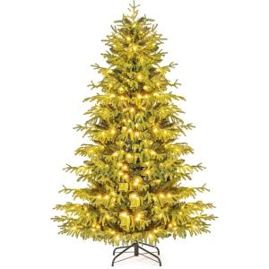 imageGoplus 7 FT PreLit Snow Flocked Christmas Tree Artificial Hinged Xmas Tree with 820 PE ampamp PVC Mixed Branch Tips 340 Warm White LED Lights Foldable Metal Base Home Office DecorationGreen