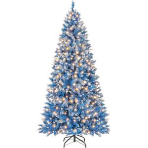 imageGoplus 9 FT PreLit Artificial Christmas Tree Blue Hinged Xmas Tree with 1938 Frosted PVC Branch Tips 520 Warm White LED Lights 8 Modes Foldable Metal Stand Home Office DecorationBlue