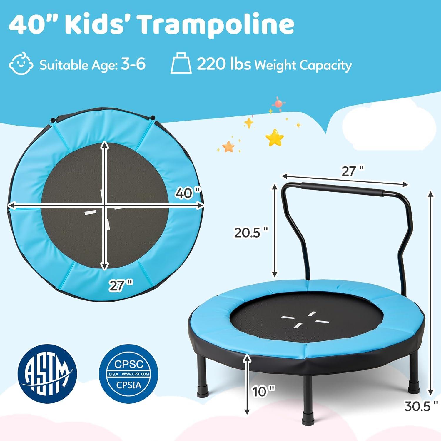 imageGoplus 40quot Mini Trampoline for Kids IndoorOutdoor Fitness Trampoline with Foam Handlebar ampamp Safety Pad Home Workout Equipment for 36 Years Old Toddlers Gift for Boys ampamp GirlsBlue