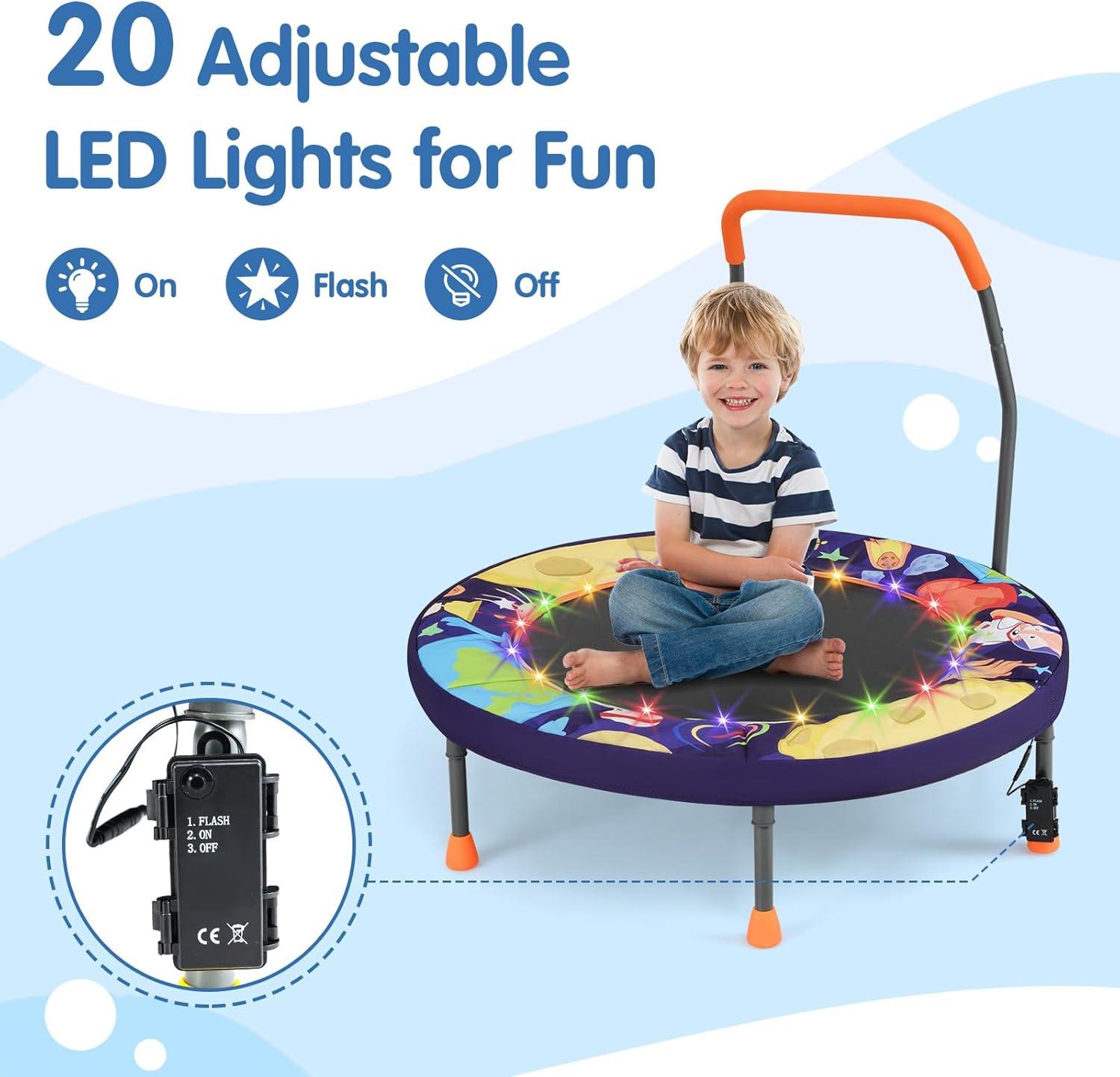 imageGoplus Foldable Toddler Trampoline for Kids 36 Recreational Mini Trampoline w20 LED Lights Foam Handle Padded Safety Cover Indoor Outdoor Exercise Rebounder for Boys Girls Aged 36PurpleOuter Space