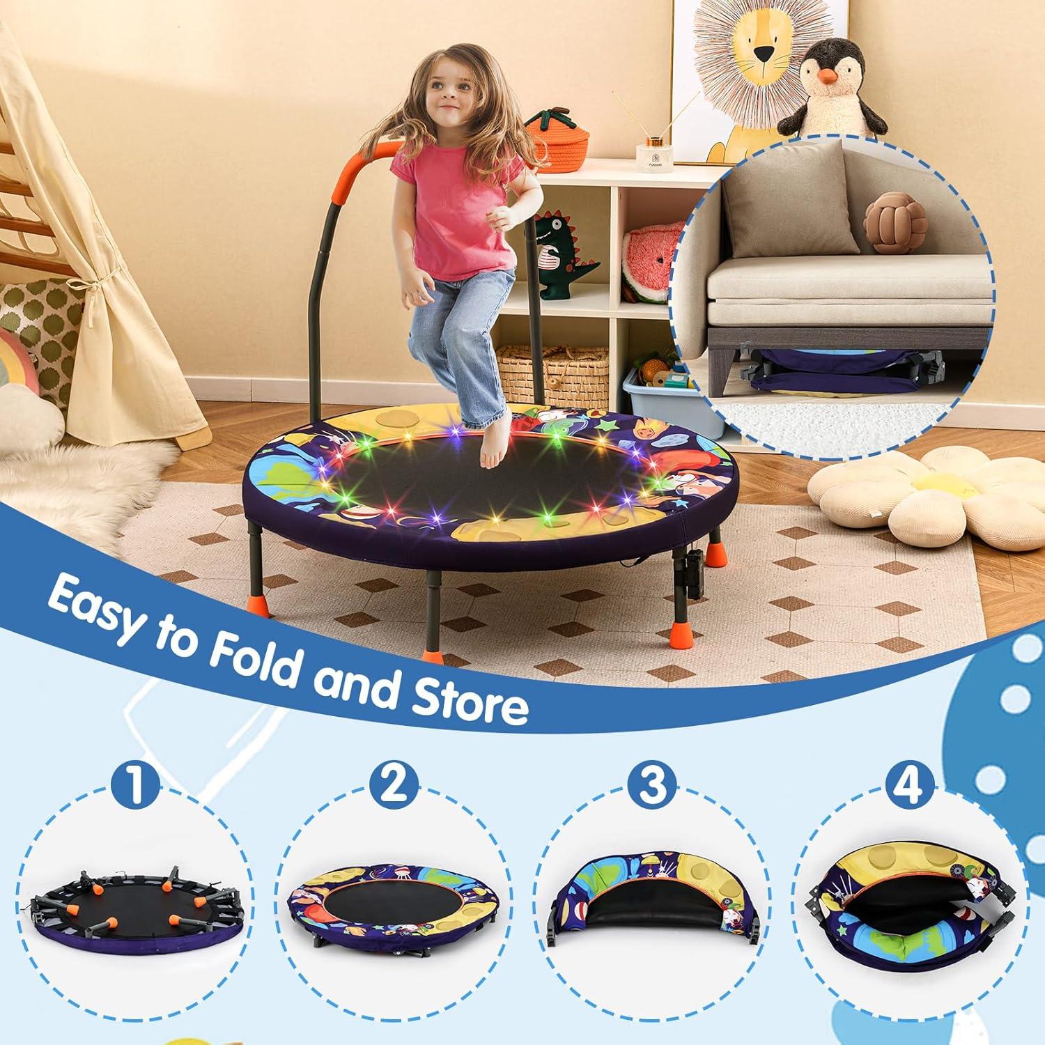 imageGoplus Foldable Toddler Trampoline for Kids 36 Recreational Mini Trampoline w20 LED Lights Foam Handle Padded Safety Cover Indoor Outdoor Exercise Rebounder for Boys Girls Aged 36PurpleOuter Space