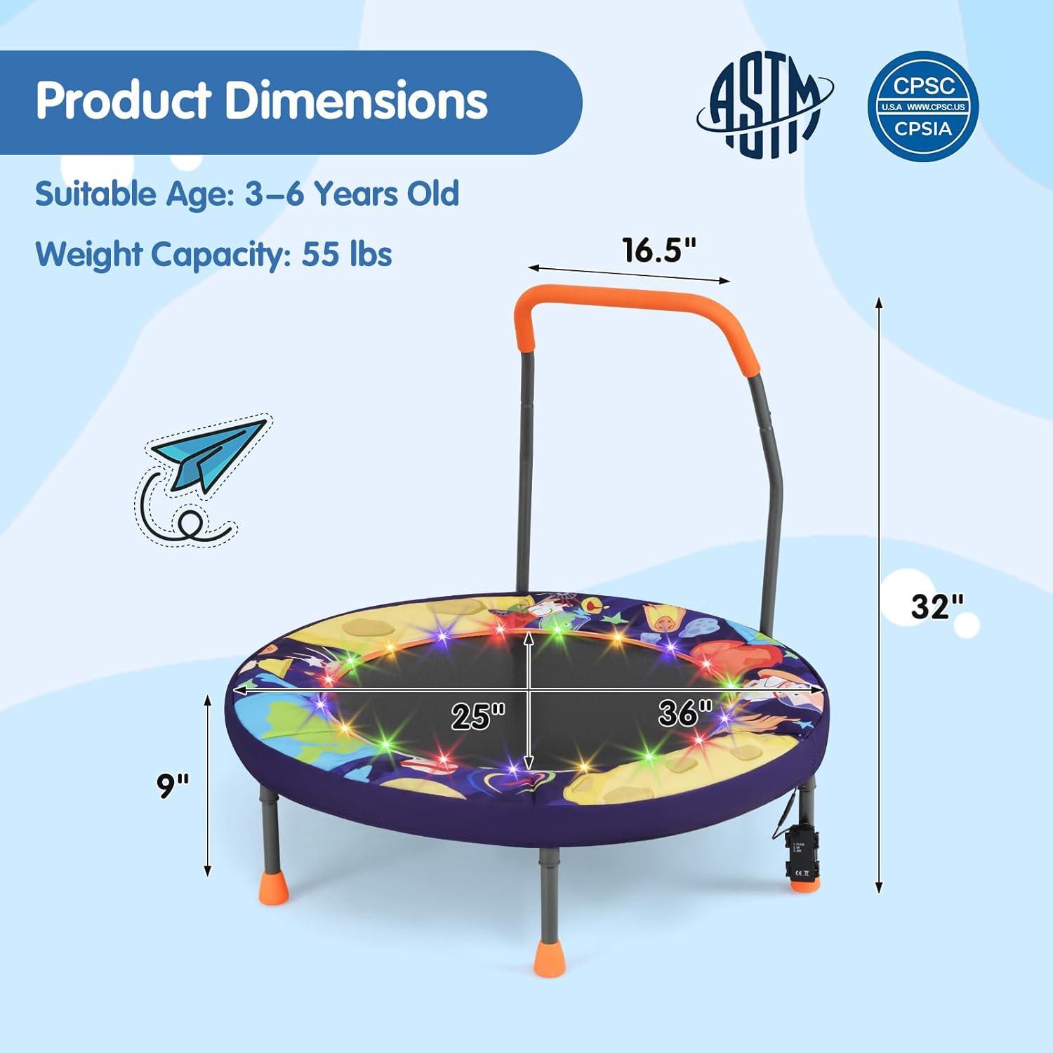 imageGoplus Foldable Toddler Trampoline for Kids 36 Recreational Mini Trampoline w20 LED Lights Foam Handle Padded Safety Cover Indoor Outdoor Exercise Rebounder for Boys Girls Aged 36PurpleOuter Space
