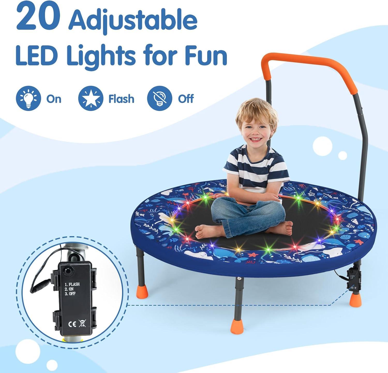 imageGoplus Foldable Toddler Trampoline for Kids 36 Recreational Mini Trampoline w20 LED Lights Foam Handle Padded Safety Cover Indoor Outdoor Exercise Rebounder for Boys Girls Aged 36NavyOcean