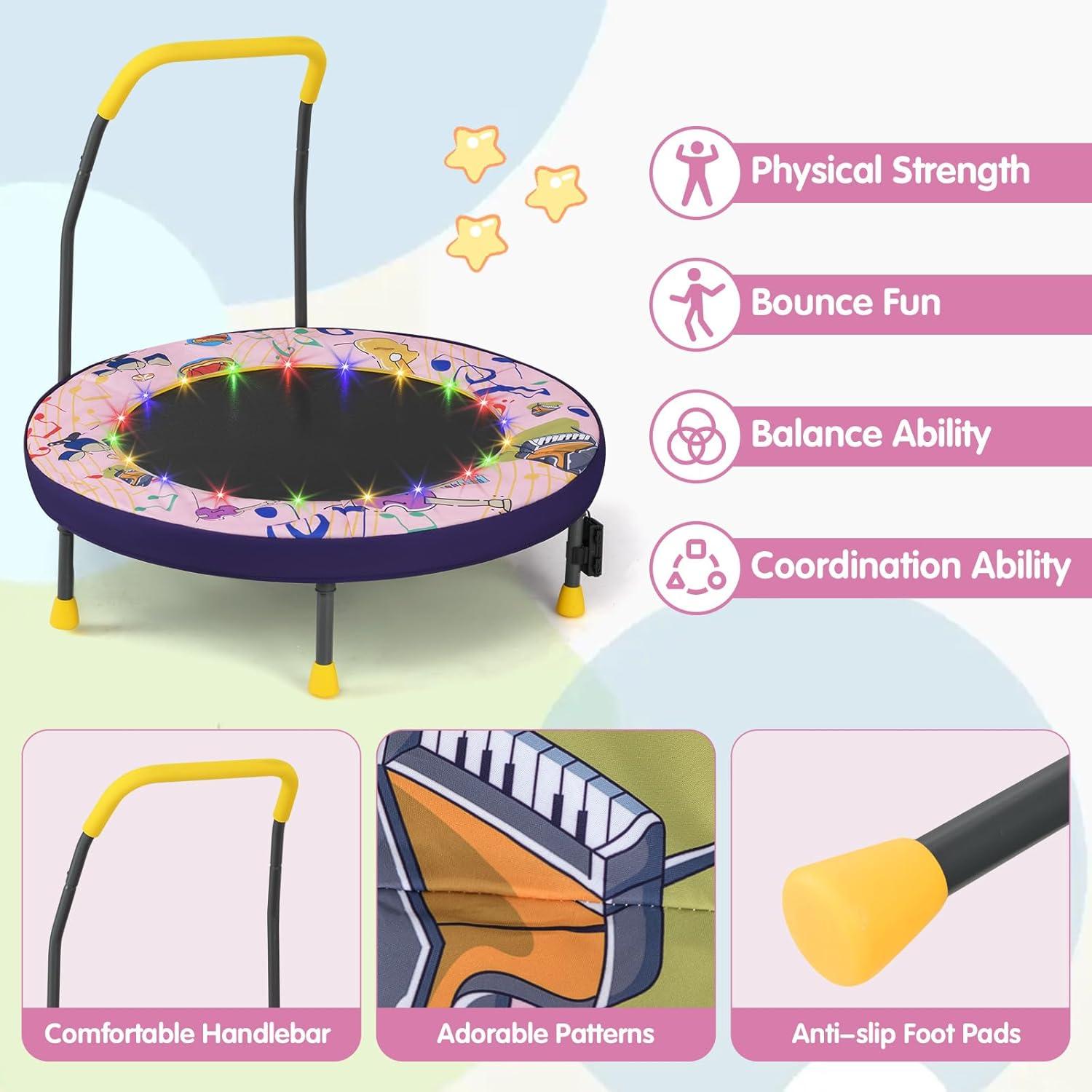 imageGoplus Foldable Toddler Trampoline for Kids 36 Recreational Mini Trampoline w20 LED Lights Foam Handle Padded Safety Cover Indoor Outdoor Exercise Rebounder for Boys Girls Aged 36PinkInstrument