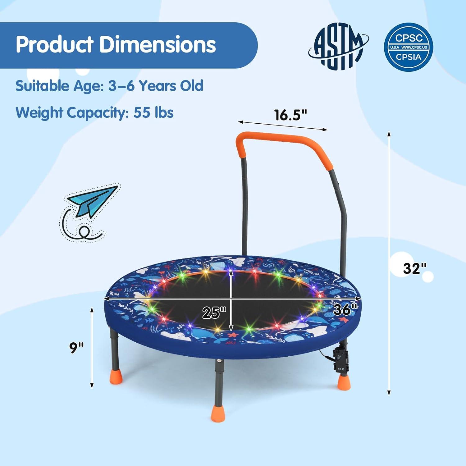 imageGoplus Foldable Toddler Trampoline for Kids 36 Recreational Mini Trampoline w20 LED Lights Foam Handle Padded Safety Cover Indoor Outdoor Exercise Rebounder for Boys Girls Aged 36NavyOcean