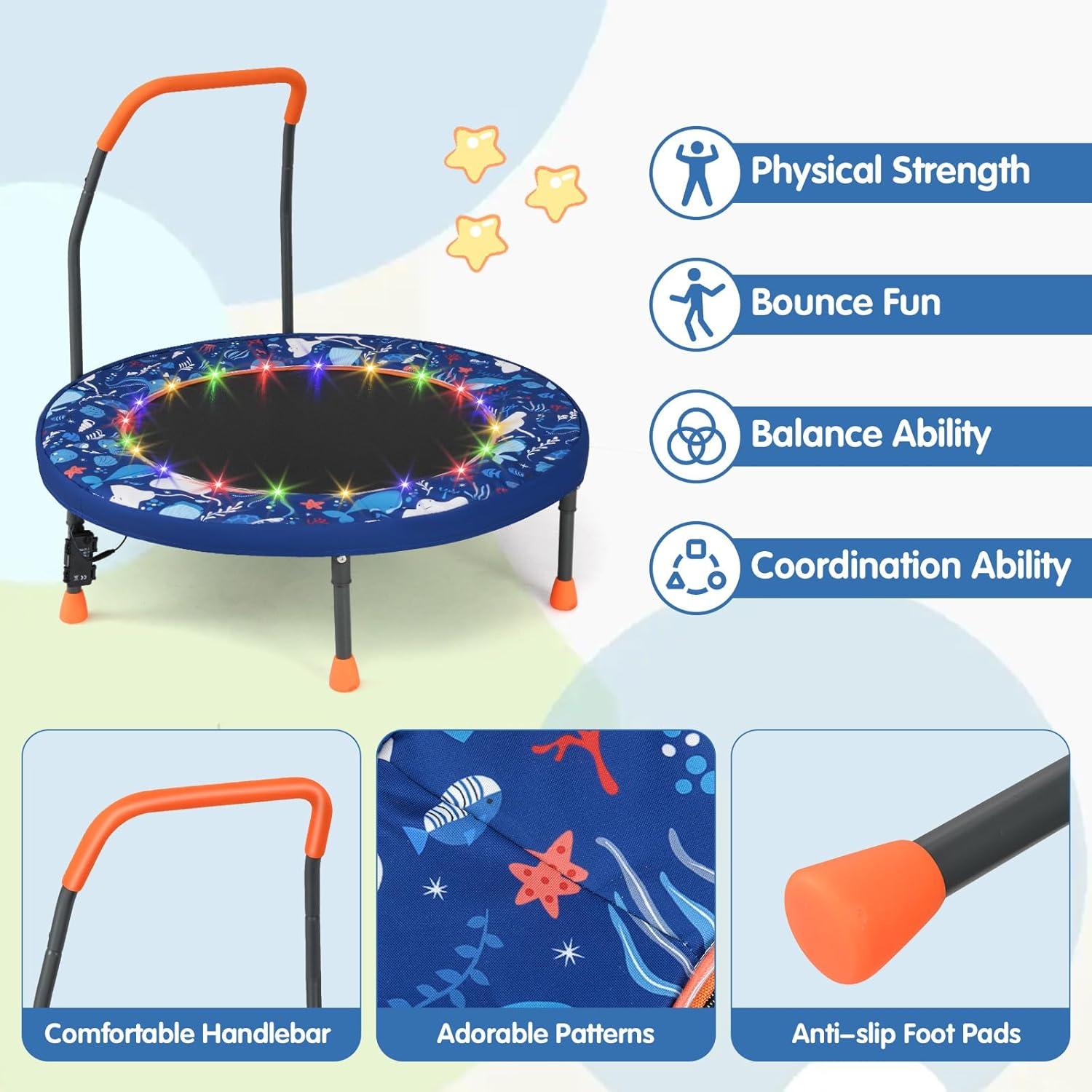 imageGoplus Foldable Toddler Trampoline for Kids 36 Recreational Mini Trampoline w20 LED Lights Foam Handle Padded Safety Cover Indoor Outdoor Exercise Rebounder for Boys Girls Aged 36NavyOcean