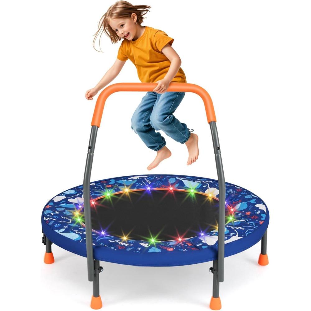 imageGoplus Foldable Toddler Trampoline for Kids 36 Recreational Mini Trampoline w20 LED Lights Foam Handle Padded Safety Cover Indoor Outdoor Exercise Rebounder for Boys Girls Aged 36NavyOcean