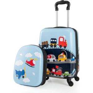 imageGoplus 2 PCS Kids Luggage 13quot Backpack ampamp 16quot Carryon Suitcase wSpinner Wheels Telescopic Handle Hard Shell Rolling Trolley Case for Toddler Boys Girls Travel Airline Approved Blue Racing CarBlue  Little Car