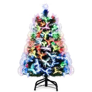 imageGoplus 3 FT PreLit Fiber Optic Christmas Tree Artificial Xmas Tree with SlowFlashing Multicolored Optical Fibers 96 PVC Branch Tips Top Star Foldable Metal Stand Mini Home Office DecorationGreenmulticolored