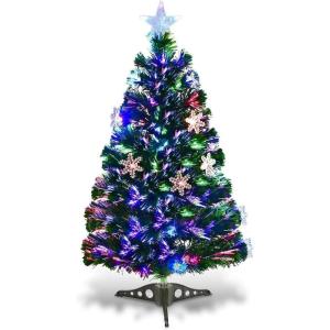 imageGoplus 3 FT PreLit Fiber Optic Christmas Tree Artificial Xmas Tree with SlowFlashing Multicolored Optical Fibers 96 PVC Branch Tips Top Star Foldable Metal Stand Mini Home Office DecorationGreen