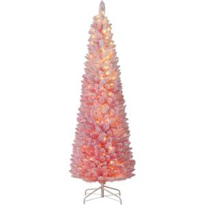 imageGoplus 6ft Pink Slim Pencil Christmas Tree Prelit Snow Flocked Artificial Skinny Xmas Tree with 140 Warm White LED Lights 8 Lighting Modes 392 Branch Tips ampamp Metal Stand Home Office DecorationPinkprelit