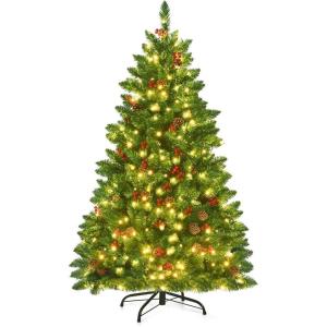 imageGoplus 75 FT PreLit Artificial Christmas Tree Hinged Sparse Xmas Fir Tree with 725 Soft Branch Tips 500 Multicolored LED Lights 8 Modes Foldable Metal Stand Home Office DecorationGreen red