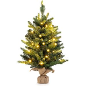 imageGoplus 2ft PreLit Tabletop Christmas Tree Small Artificial Fir Tree with 35 Warm White LED Lights 234 PVC ampamp PE Branch Tips Burlap Base Battery Operated Mini Xmas Tree for Home Office Decoration2ft with Lights