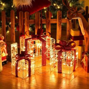 imageGoplus 3 Set Christmas Lighted Gift Boxes 90 LED Lightup Present Boxes wBows Ground Stakes ampamp Zip Ties PreLit Xmas Box Decorations for Christmas Tree Indoor ampamp OutdoorIrregular Clear Stripe