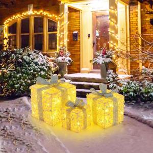 imageGoplus 3 Set Christmas Lighted Gift Boxes 90 LED Lightup Present Boxes wBows Ground Stakes ampamp Zip Ties PreLit Xmas Box Decorations for Christmas Tree Indoor ampamp OutdoorLaser Fish Scale