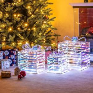 imageGoplus 3 Set Christmas Lighted Gift Boxes 90 LED Lightup Present Boxes wBows Ground Stakes ampamp Zip Ties PreLit Xmas Box Decorations for Christmas Tree Indoor ampamp OutdoorIrised Laser Stripe