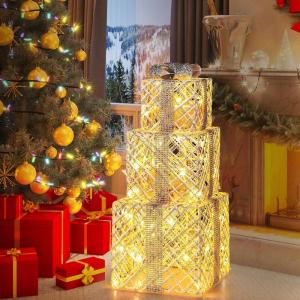 imageGoplus 3 Set Christmas Lighted Gift Boxes 90 LED Lightup Present Boxes wBows Ground Stakes ampamp Zip Ties PreLit Xmas Box Decorations for Christmas Tree Indoor ampamp OutdoorPlastic Rhinestone Stripe