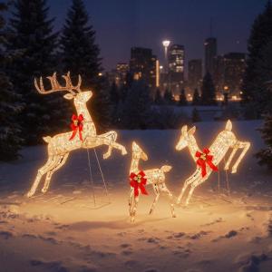imageGoplus 3Pcs Large Lighted Christmas Reindeer 3D Light up Prismatic Deer Family w 230 LED Warm White Lights Iridescent PreLit Outdoor Deer Set for Indoor Outdoor Yard ampamp LawnShimmery Gold