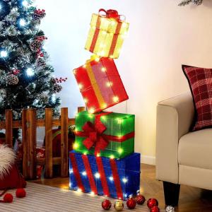 imageGoplus 4 Ft Lighted Gift Boxes Stackable Prelit Xmas Boxes Decoration wLED Lights Delicate Bows Indoor ampamp Outdoor Stacked Holiday Present Boxes for Yard Garden Fireplace PorchClassic 3D