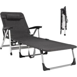 imageGoplus Chaise Lounge Chair Folding Outdoor Patio Lounger with Cup Holder ampamp Detachable Headrest Comfortable for Garden Beach Pool Sunbathing 7Position Adjustable 1 BlueGrey