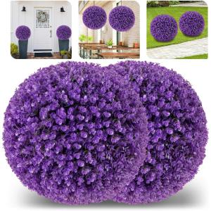 imageGoplus 175 Inch Topiary Balls Artificial Outdoor Set of 2 Faux Pink Eucalyptus Decorative Balls Fake Plant Sphere Round Artificial Plant Balls for Front Door Porch Backyard Home DcorPurple