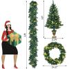 imageGoplus Prelit Christmas Tree 4Piece Set with LED Lights Christmas Garland Wreath and Set of 2 Artificial Entrance Trees for Porch Home Holiday Battery Operated