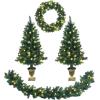 imageGoplus Prelit Christmas Tree 4Piece Set with LED Lights Christmas Garland Wreath and Set of 2 Artificial Entrance Trees for Porch Home Holiday Battery Operated
