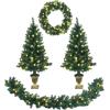 imageGoplus Prelit Holiday Christmas 4Piece Set Christmas Garland Wreath and Set of 2 Entrance Trees with LED Lights Artificial Christmas Tree Celebrating Set