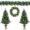 imageGoplus Prelit Holiday Christmas 4Piece Set Christmas Garland Wreath and Set of 2 Entrance Trees with LED Lights Artificial Christmas Tree Celebrating Set