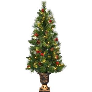 imageGoplus 4 FT Christmas Tree PreLit Tabletop Artificial Entrance Tree with 60 Led Lights Gold Urn Base Pine Cones and Red Berries 4 FT Led Light