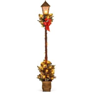 imageGoplus 61 FT Christmas Prelit Street Lamp Holiday Lamp Post with Artificial Greenery Snowflocked Branch Tips White Berries ampamp Pinecones LED Lights Seasonal Decoration for Fireplace Porch Yard
