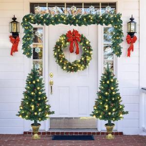imageGoplus Prelit Christmas Tree 4Piece Set with LED Lights Christmas Garland Wreath and Set of 2 Artificial Entrance Trees for Porch Home Holiday Battery Operated
