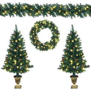 imageGoplus Prelit Holiday Christmas 4Piece Set Christmas Garland Wreath and Set of 2 Entrance Trees with LED Lights Artificial Christmas Tree Celebrating Set