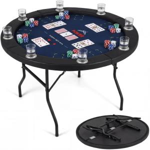 imageGoplus 48quot Poker Table Foldable 8 Player Round Casino Leisure Texas Holdem Game Table with Metal Legs 8 Cup Holders Indoor Folding Card Gaming Table for Blackjack ampamp Club Family Games GreenBlue