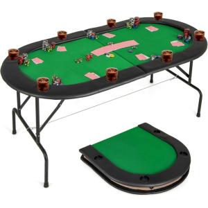 imageGoplus 72 Poker Table Foldable 8 Players Card Board Game Table w 8 Cup Holders Casino Grade Felt Folding Oval Blackjack Table for Texas Holdem No Assembly Required Partition Pattern BluePurity Green