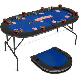 imageGoplus 72 Poker Table Foldable 8 Players Card Board Game Table w 8 Cup Holders Casino Grade Felt Folding Oval Blackjack Table for Texas Holdem No Assembly Required Partition Pattern BluePurity Blue