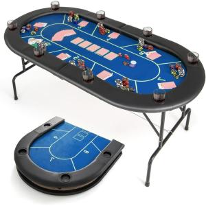 imageGoplus 72 Poker Table Foldable 8 Players Card Board Game Table w 8 Cup Holders Casino Grade Felt Folding Oval Blackjack Table for Texas Holdem No Assembly Required Partition Pattern BluePartition Pattern Blue