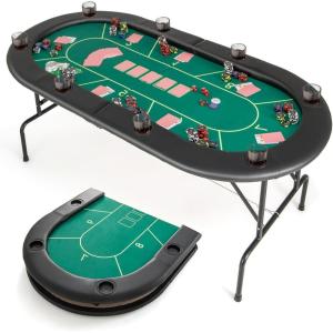 imageGoplus 72 Poker Table Foldable 8 Players Card Board Game Table w 8 Cup Holders Casino Grade Felt Folding Oval Blackjack Table for Texas Holdem No Assembly Required Partition Pattern BluePartition Pattern Green