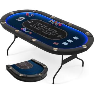 imageGoplus 84quot Foldable Poker Table with LED Lights 10 Players Card Board Game Table wCasino Grade Felt Steel Cup Holder Padded Rails for Texas Holdem Blackjack No Assembly Required BlueBlue