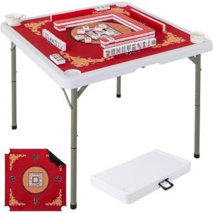 imageGoplus Mahjong Table 35quot Square Folding Card Table w4Cup Holders Anti Slip Mat HDPE Tabletop Metal Legs Portable Mahjong Game Table for Domino Game Picnic Navy Table wRemovable MatRed  Table wRemovable Mat