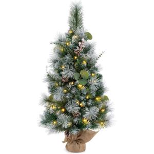 imageGoplus 3ft PreLit Mini Tabletop Christmas Tree Artificial Small Battery Operated Xmas Tree with 30 Warm White LED Lights Timer 98 Flocked PVC ampamp Pine Needles for Home Office Decoration